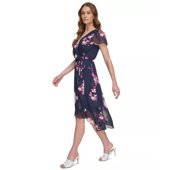 New DKNY Womens Size 8 Navy Floral Flutter-Sleeve Faux-Wrap Midi Dress $129 - Picture 3 of 12